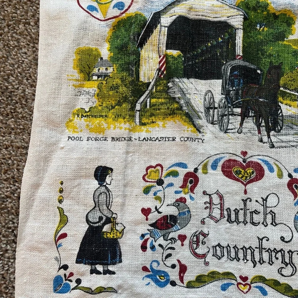 Vintage Dutch country Amish‎ Lancaster county Tea Dish Towel Calendar farm
